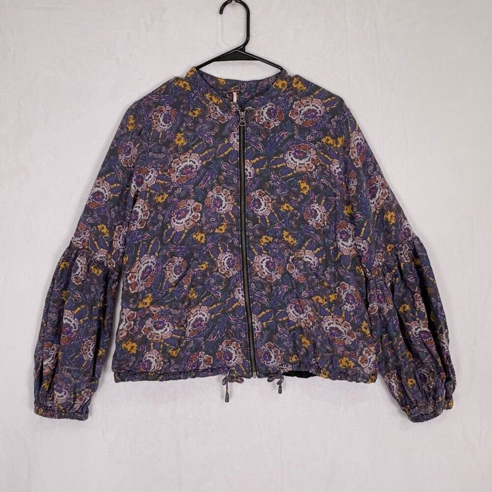 Free People Purple Soft Printed Ballon Sleeve Multicolored Zip Up Jacket Size S